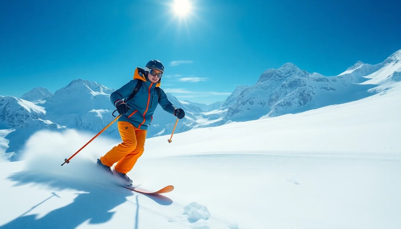 Catch a skier in breathable snow gear gliding through a stunning snowy mountain landscape.