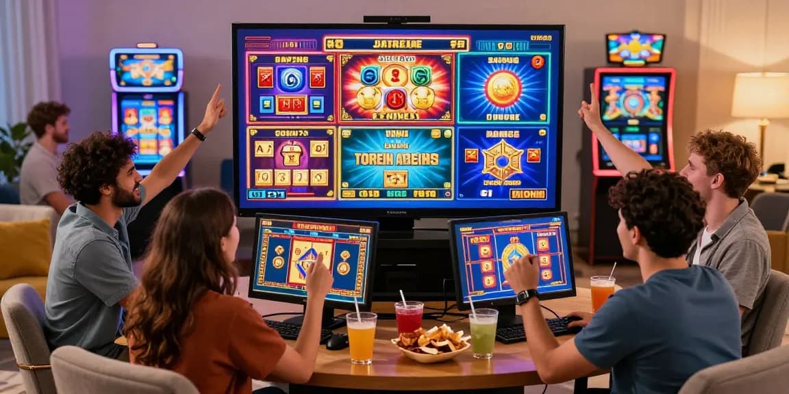 Friends enjoying online slot games in a vibrant setting, capturing the excitement of gaming.