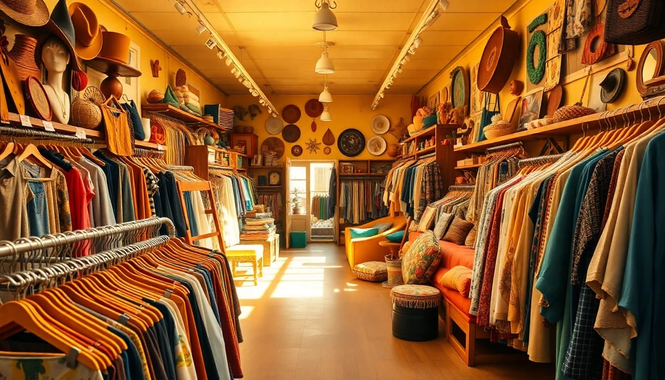Explore the eclectic offerings at a vibrant thrift store featuring vintage treasures.