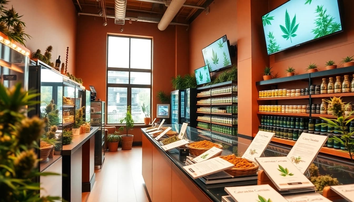 Sale weed showcased in a vibrant cannabis shop, inviting atmosphere with product details.