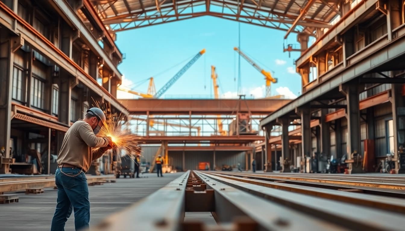 Workers engaging in structural steel fabrication, showcasing intricate welding and assembly processes in an industrial setting.