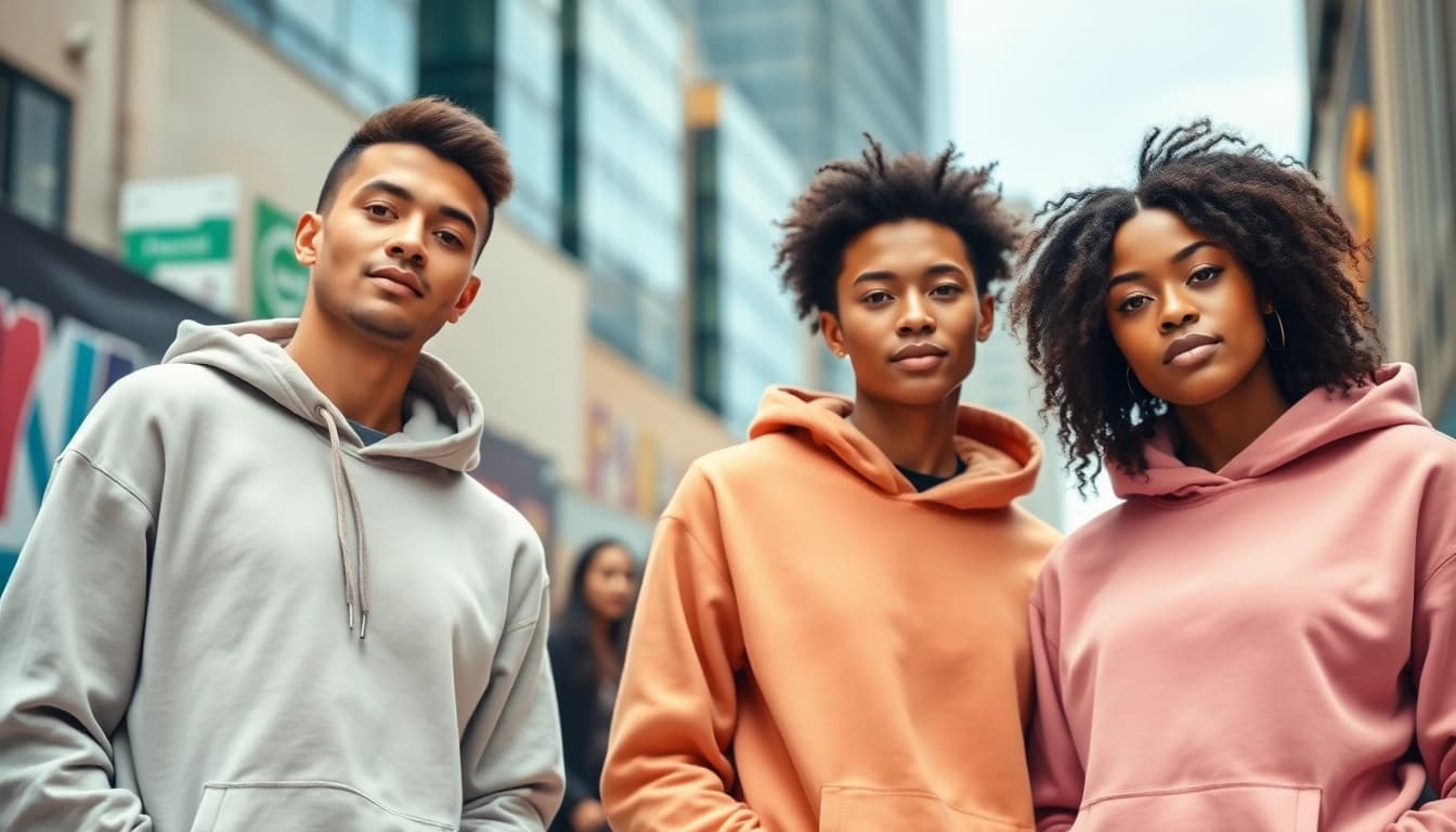 Fashionable young adults showcase blank hoodies against a city backdrop, highlighting street style.