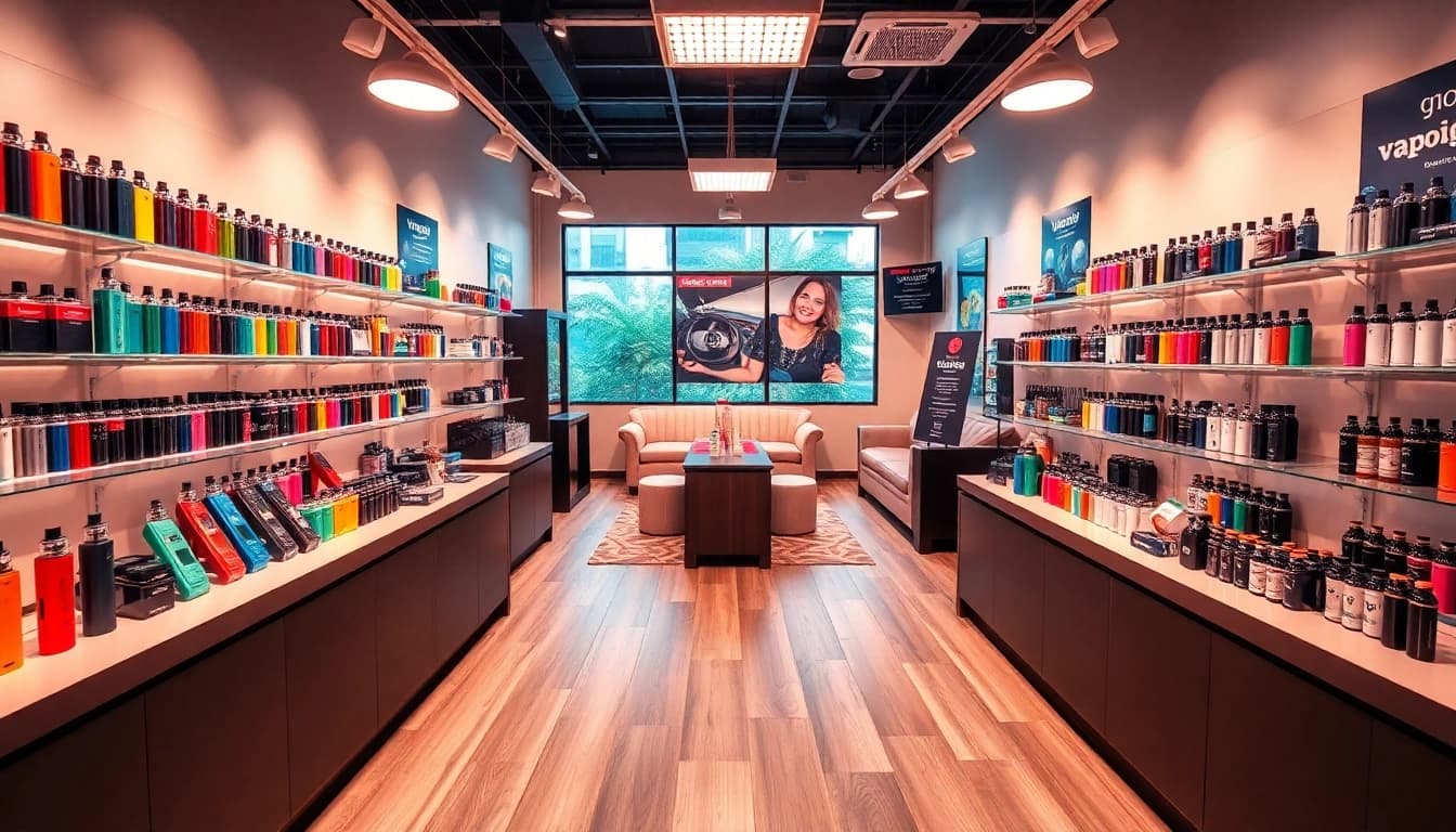 Vape shop mit einer Vielzahl von farbenfrohen Geräten und einer einladenden Atmosphäre.