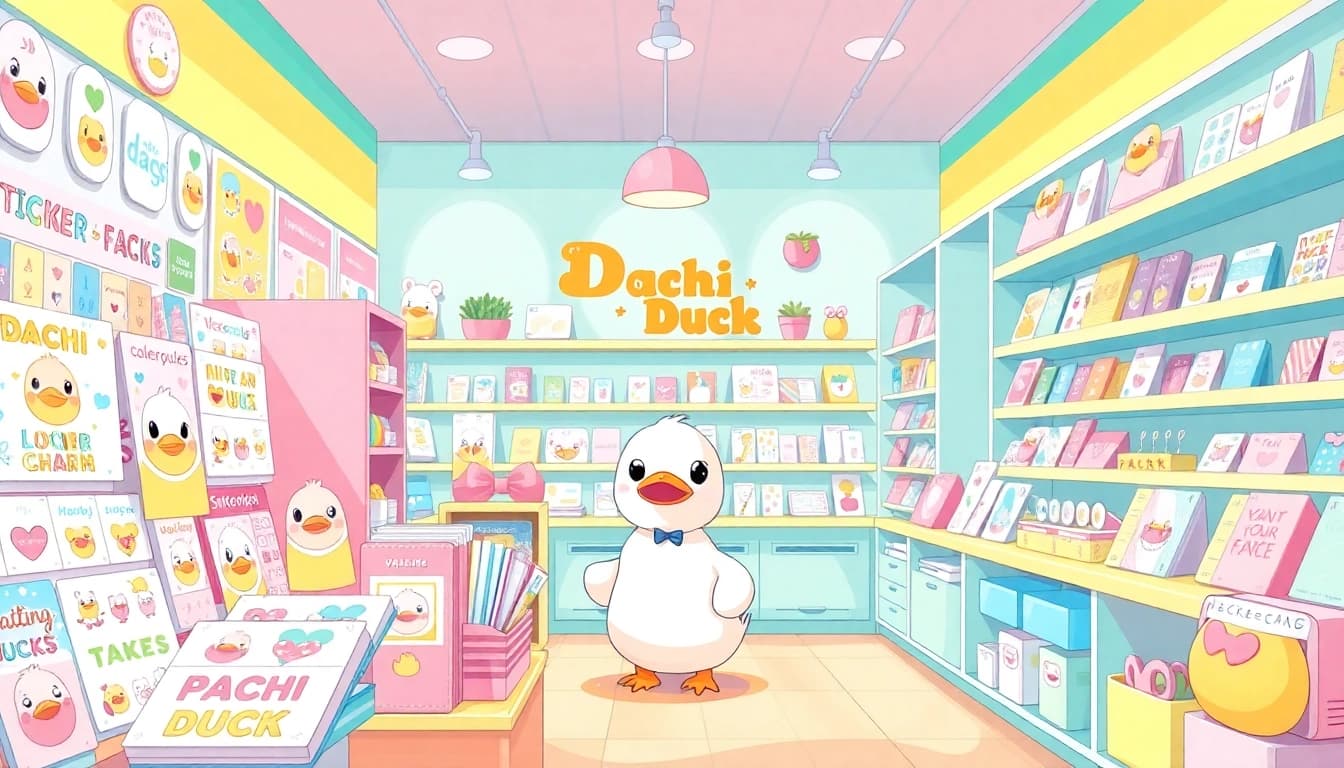 DachiDuck.com features a vibrant stationery shop with cute stickers, charms, and colorful memopads.