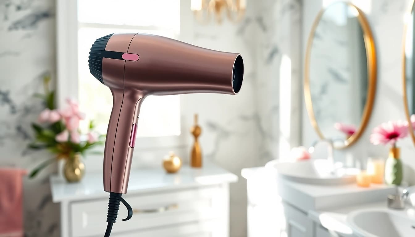 Enhance your styling with a powerful frizzy hair dryer showcasing sleek design and elegant features.
