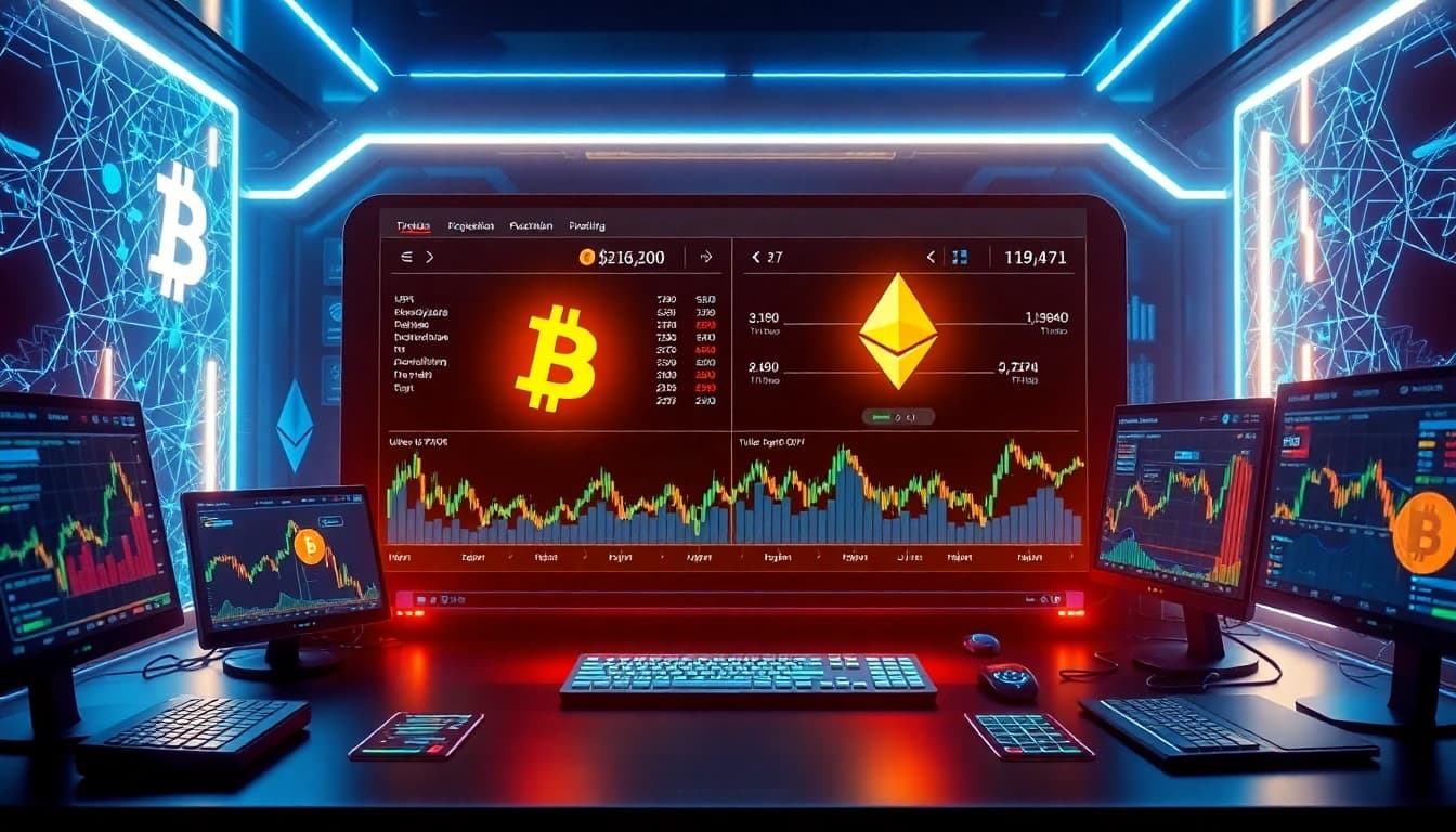 Calculator interface showcasing crypto portfolio analytics with Bitcoin and Ethereum symbols.