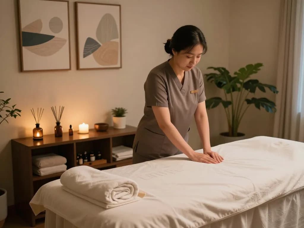 Experience a calming Samsung-dong massage therapy scene with a therapist preparing a soothing environment.