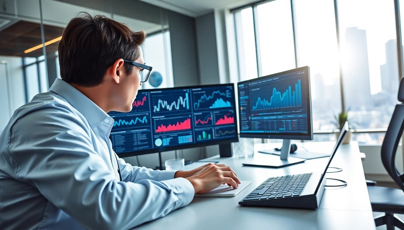 AI for competitive intelligence showcased through a data analyst working in a modern office.
