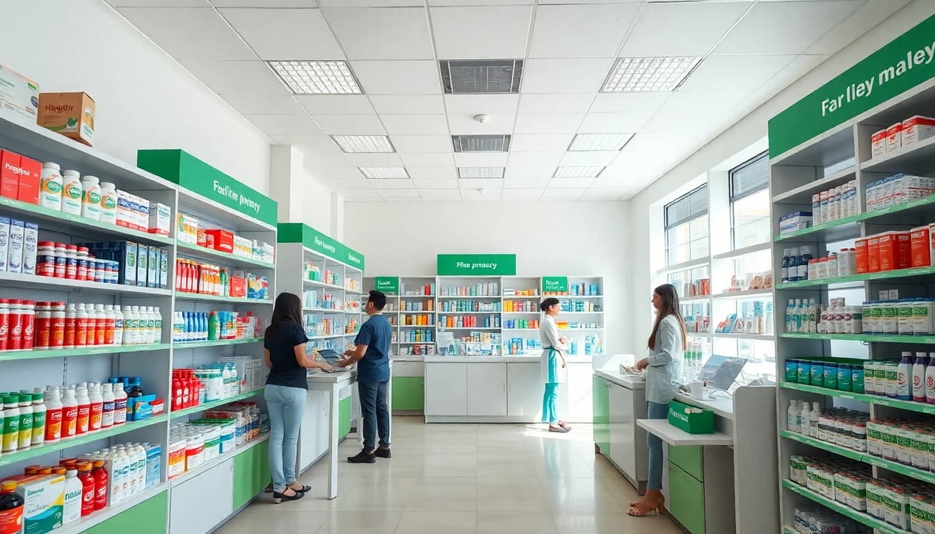 MediClick Pharmacy staff assisting customers in a vibrant and welcoming pharmacy environment.