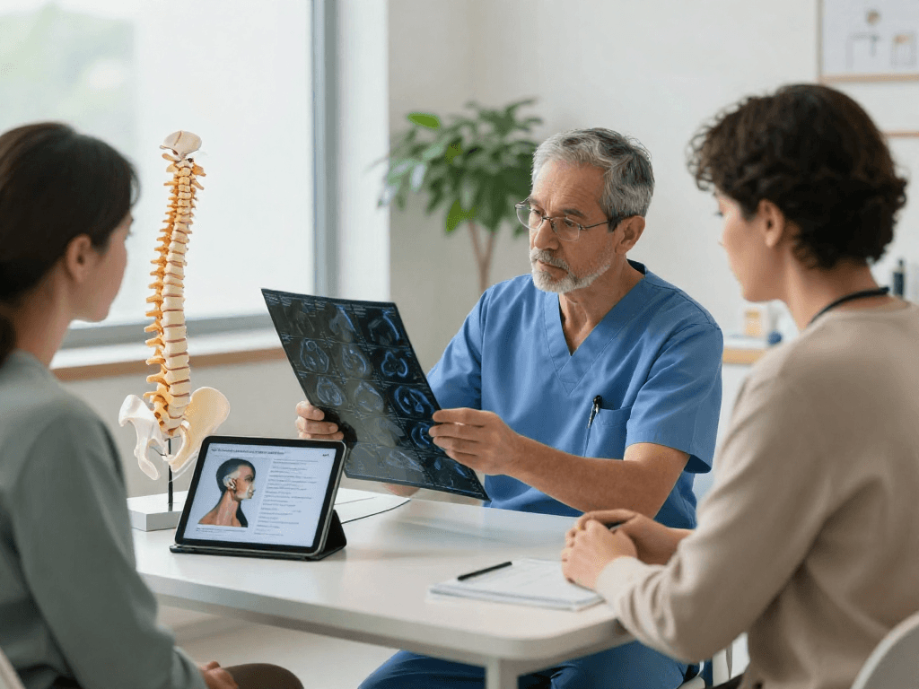 Doctor discussing boyun fıtığı ameliyatı options with a patient in a modern clinic setting.