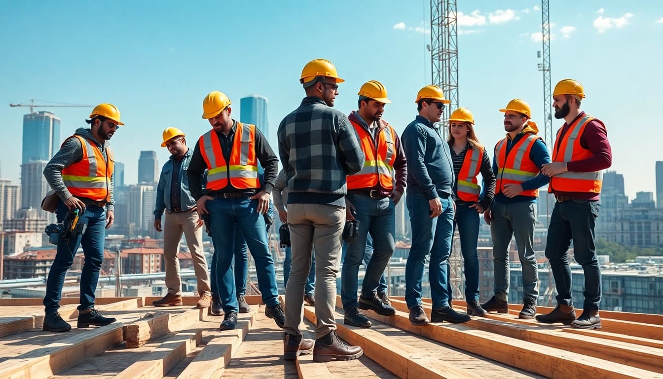 Careers in construction show diverse professionals collaborating on a vibrant building site.