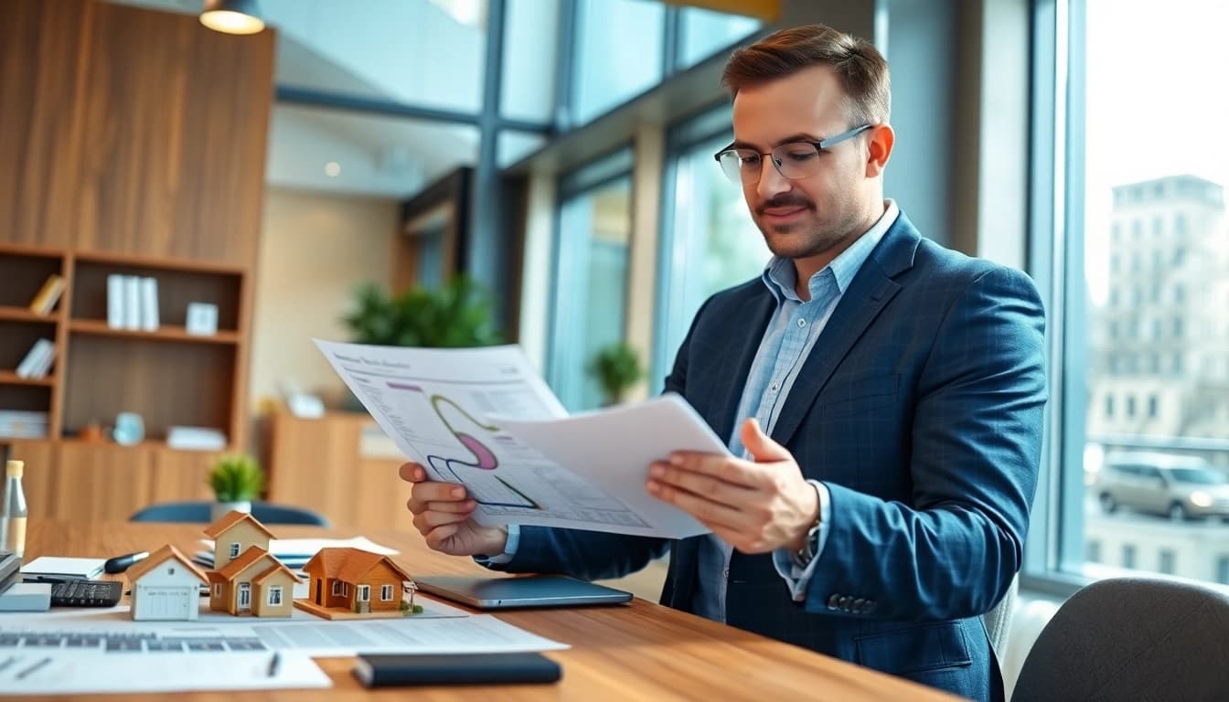 Real Estate agent analyzes property listings in a bright office, showcasing professionalism and expertise.