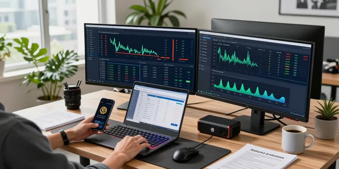 Professional Bitcoin mining workspace with multiple monitors and mining statistics.