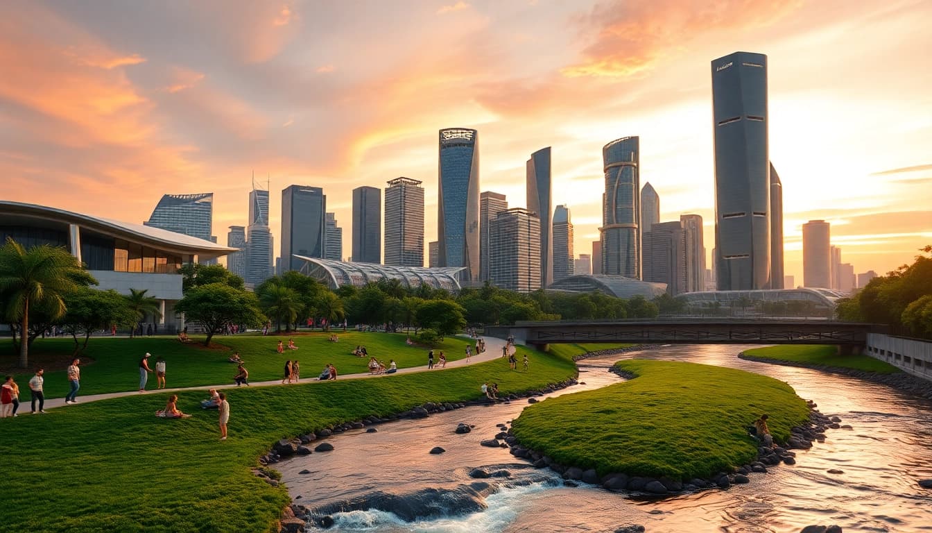 View of futuristic cityscape at dusk showcasing innovation and community at https://www.trilgameshproject.com.