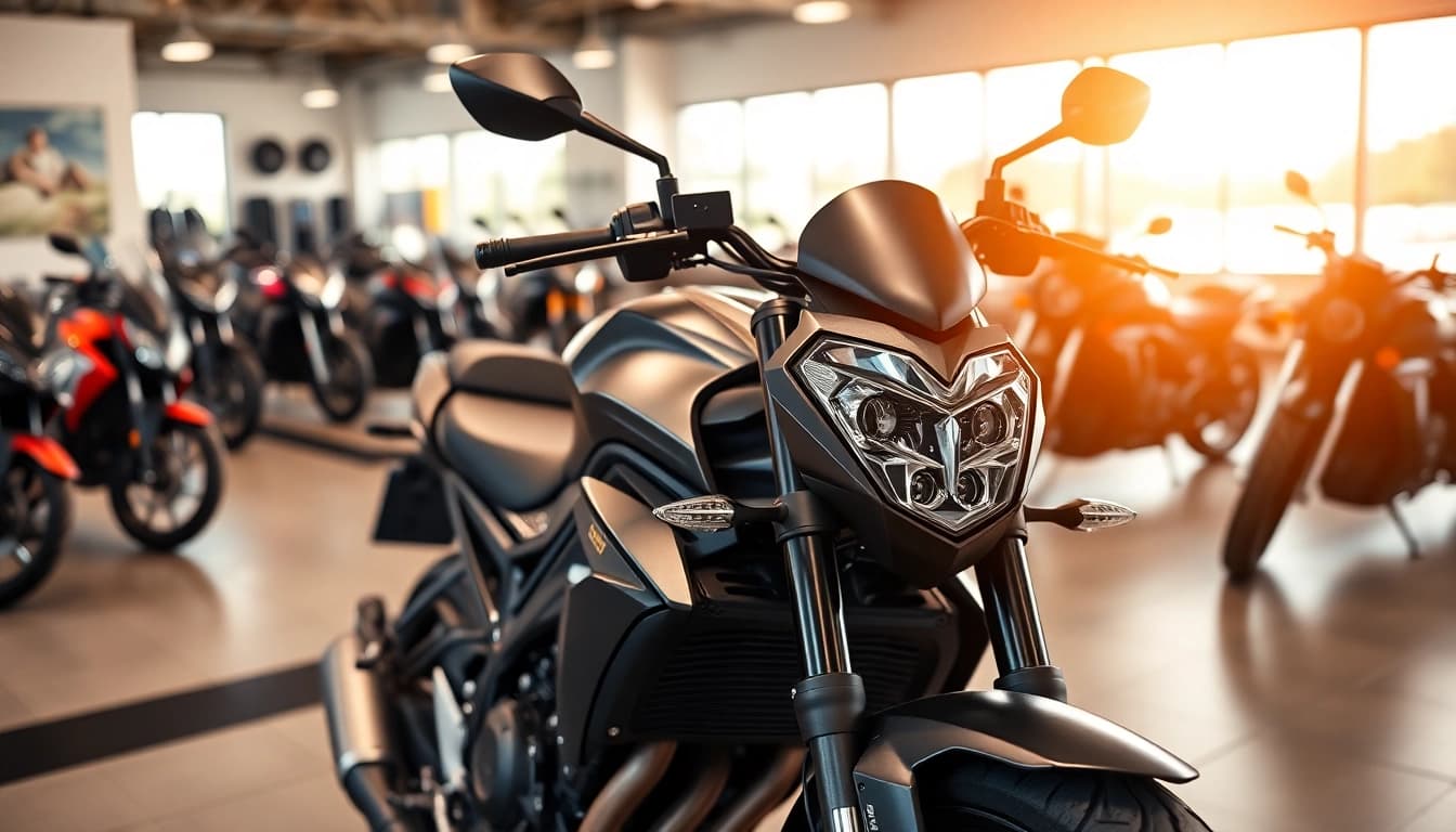 Wir kaufen dein motorrad - eine moderne Motorradausstellung mit hochwertigem Motorrad im Vordergrund.
