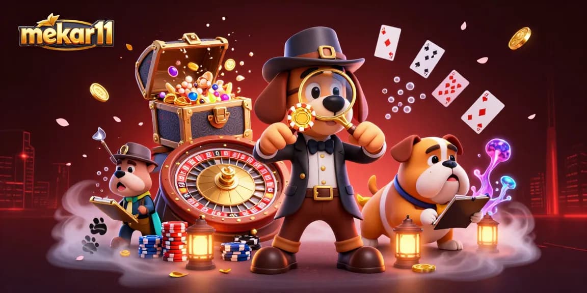 Mekar11 showcases a thrilling casino scene with a detective bloodhound and bulldog, revealing poker chip clues.