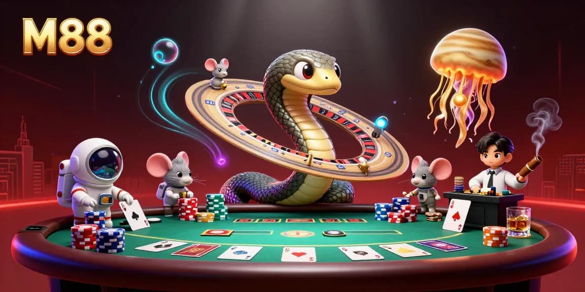 M88 players enjoying a vibrant cosmic casino scene with roulette and poker elements.