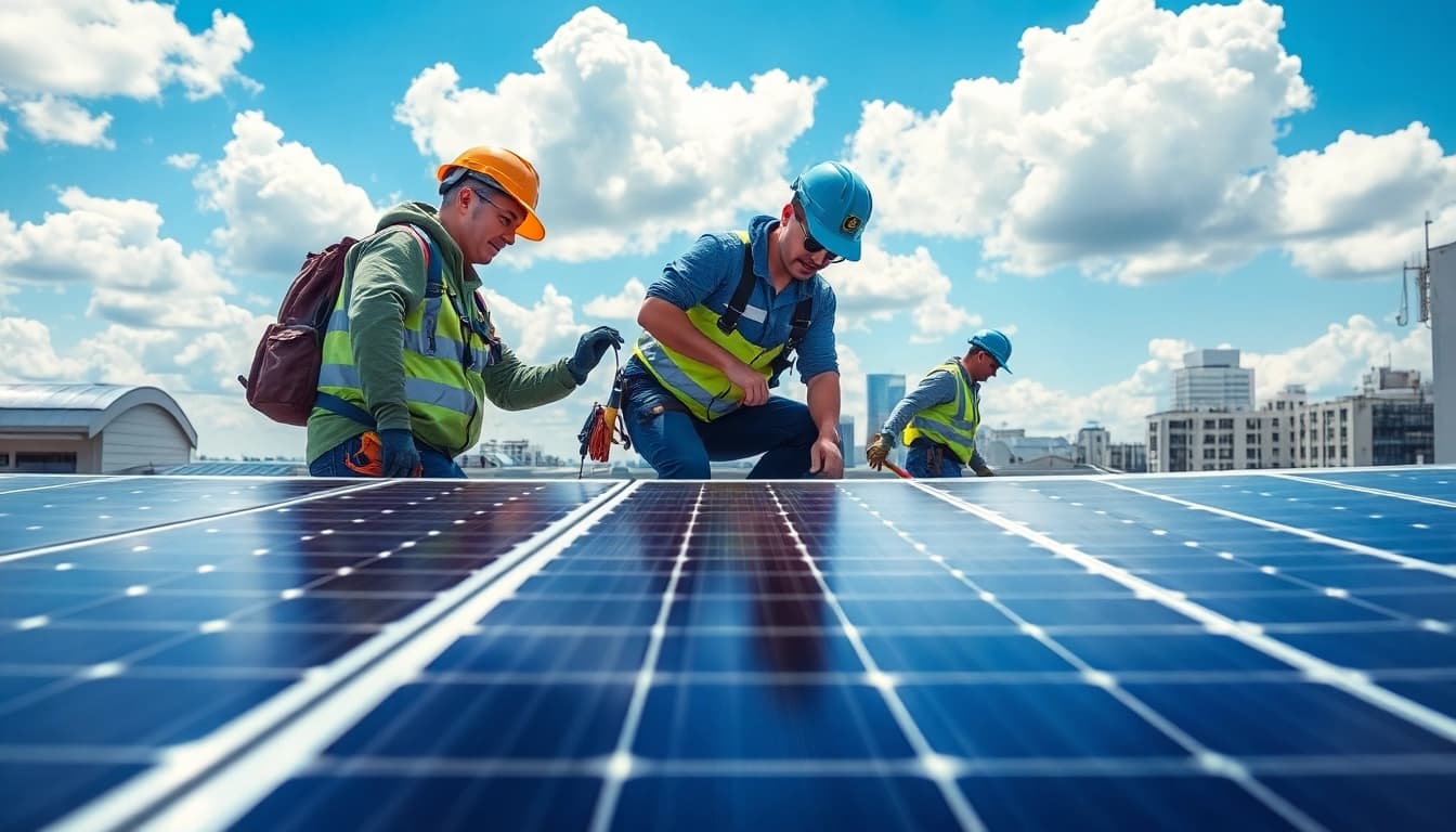 Technicians from https://solarxmedia.com installing solar panels on a rooftop in a vibrant urban setting.