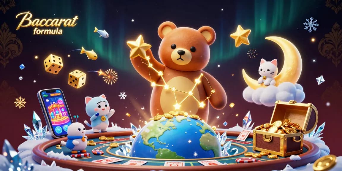 Play Baccarat formula strategically in a vibrant casino scene filled with enchanting characters and game elements.
