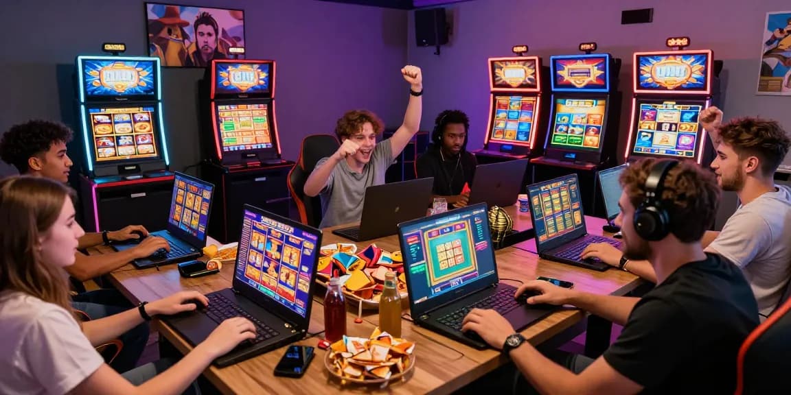 Exciting gaming scene showcasing friends enjoying slot deposit 1k games, vibrant atmosphere, active engagement.