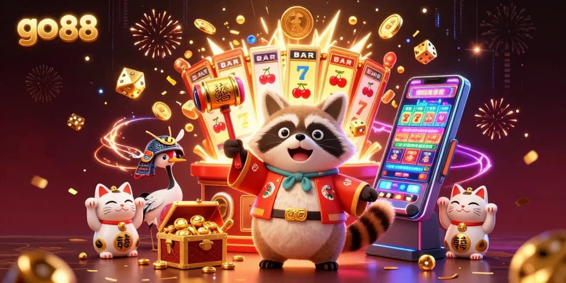 Experience the excitement of go 88 with colorful casino elements and characters celebrating a jackpot.