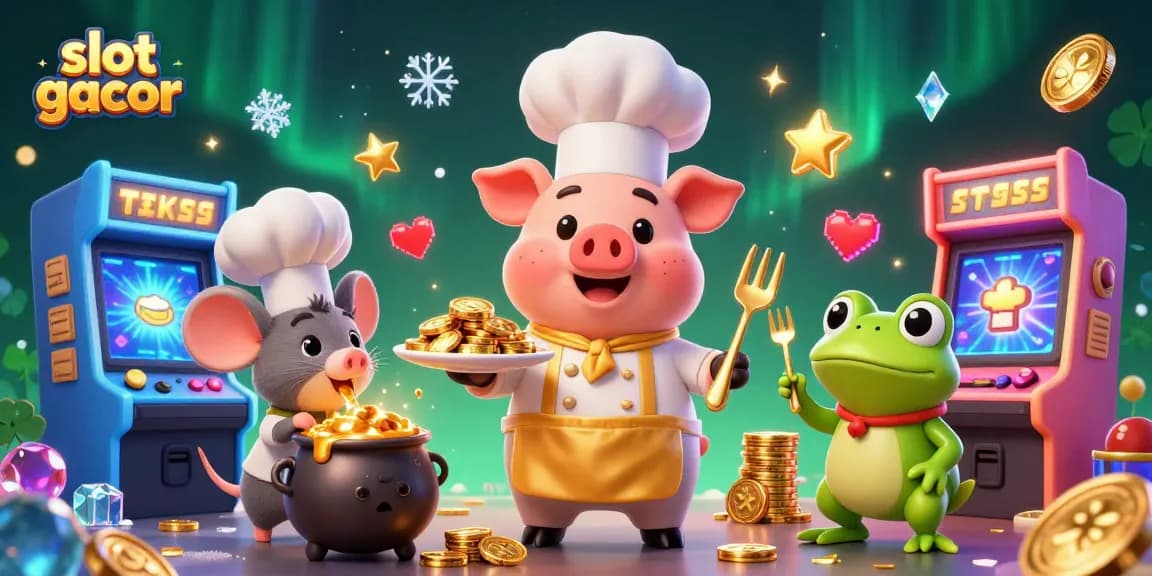 Experience excitement with slot gacor featuring a pig chef, gold coins, and vibrant gaming elements.