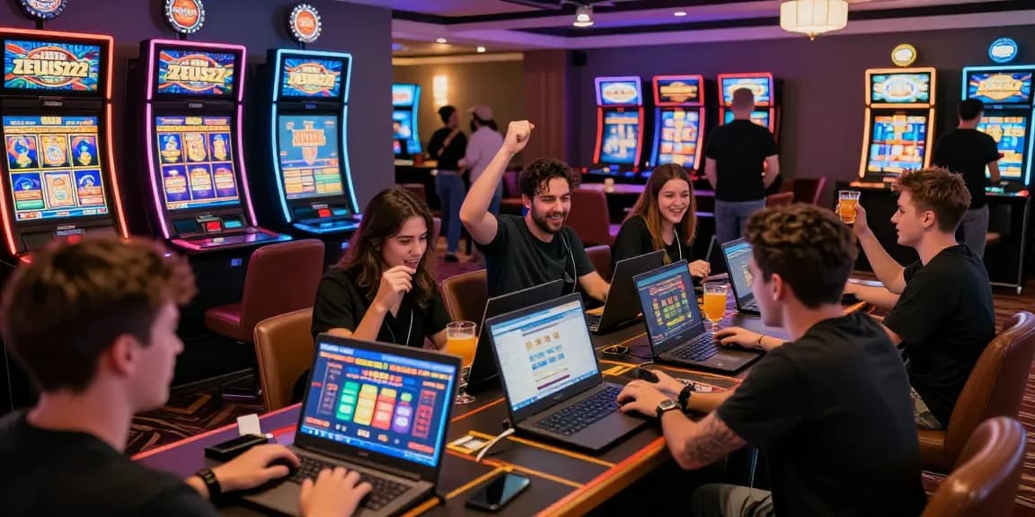 ZEUS222 online gaming scene featuring players celebrating wins in an exciting casino atmosphere.