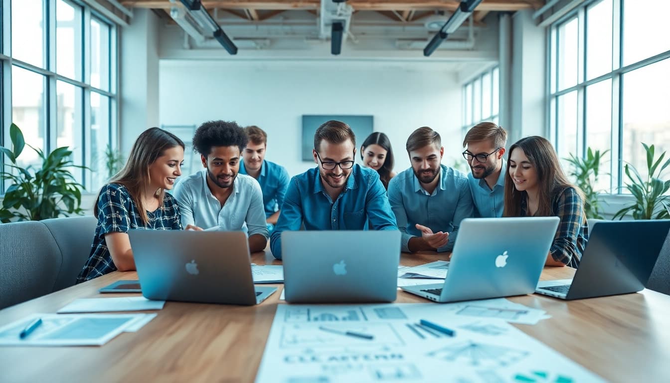 Creating affordable web design essex with a collaborative team in a vibrant office setting.