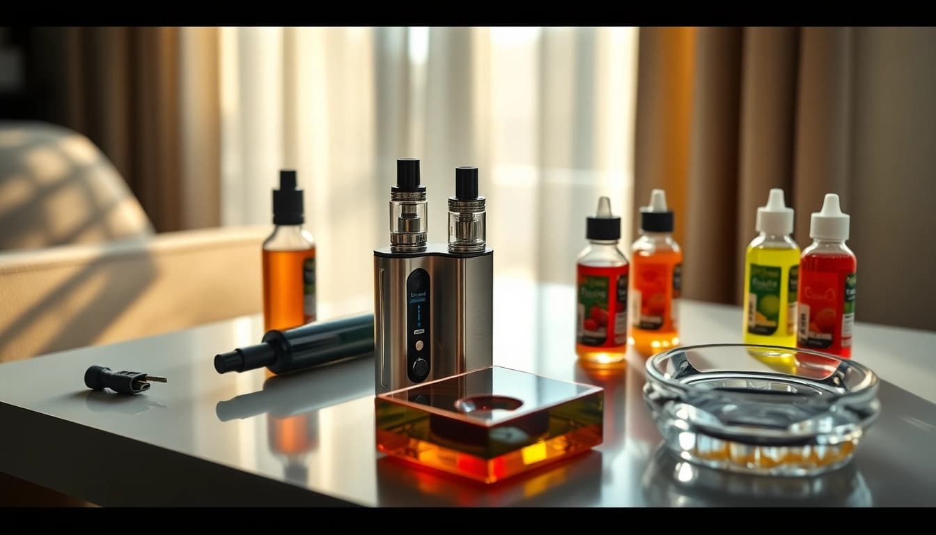 e zigarette auf einem stilvollen Tisch zusammen mit bunten E-Liquids präsentiert