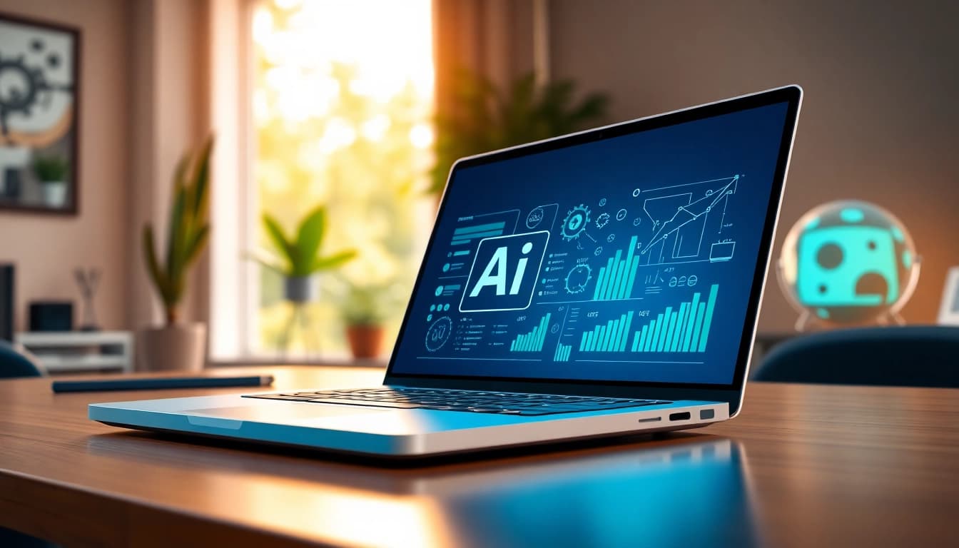 Find AI with AI illustrated in a modern workspace showcasing productivity tools and technology.