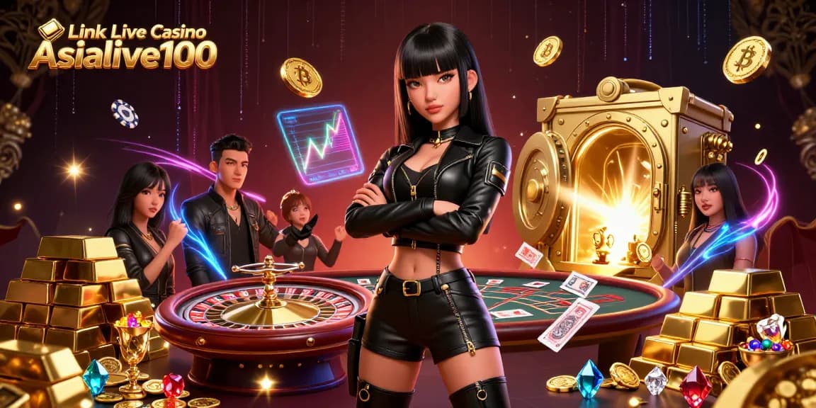 Experience the vibrant action of Link Live Casino Asialive100 with dealers at a roulette table, stunning visuals of gold coins, and live gaming.