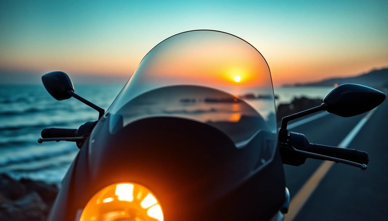 Showcasing a clear windshield motorcycle alongside a stunning coastal backdrop for optimal riding experiences.