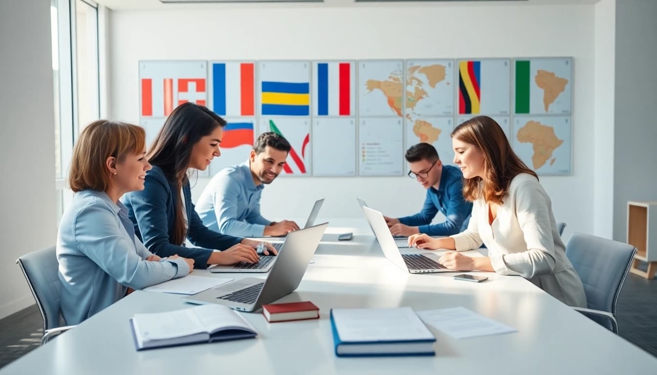 Engaged linguists collaborating at a conference table on https://www.elitetranslingo.com