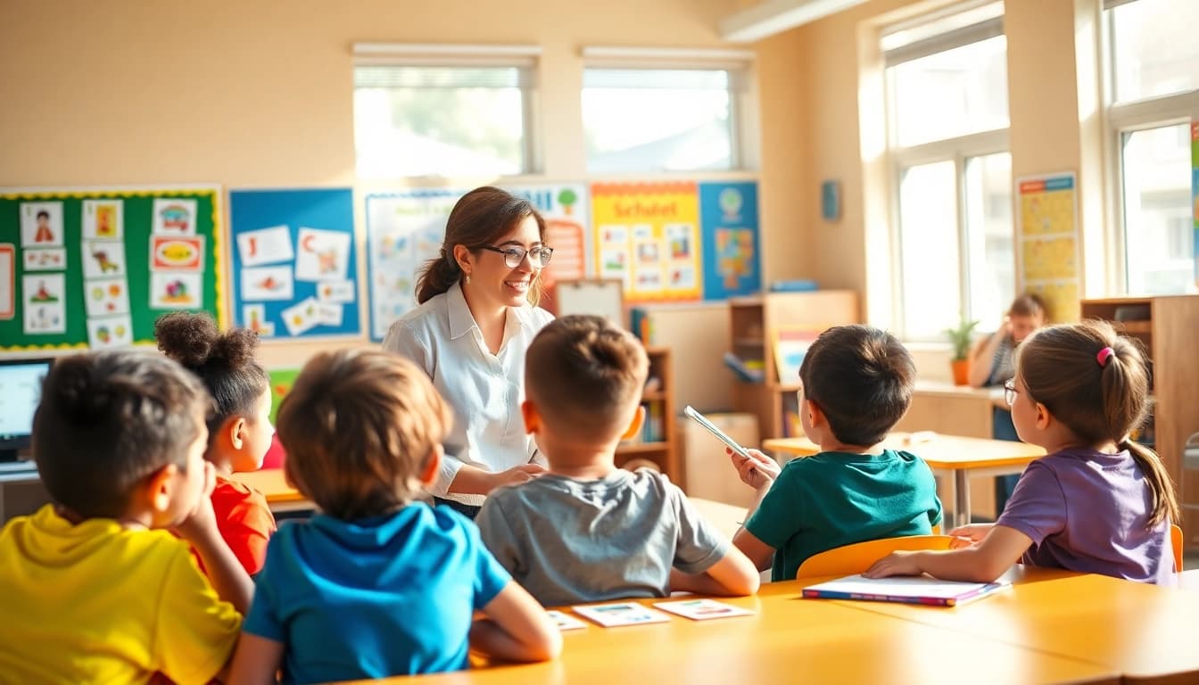 Engaging students in managing phon in school life with interactive learning tools in a bright classroom.