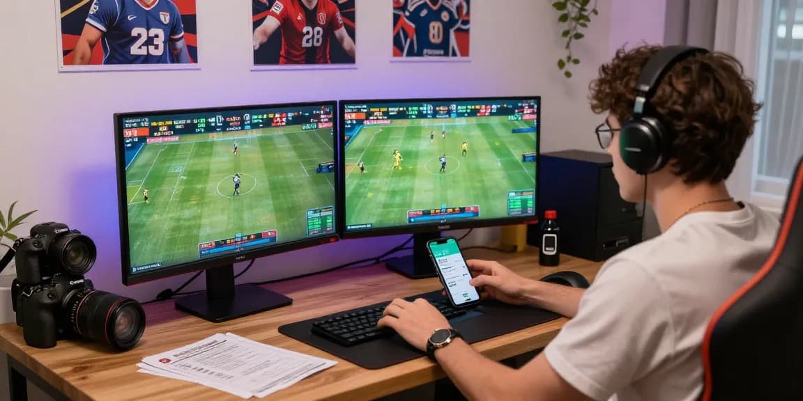 Engaging scene of an online gambler at a home office, showcasing nhà cái shbet betting activities with vibrant sports displays.
