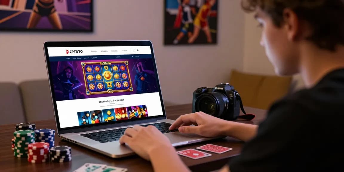 Engaged user at home playing JPTOTO online slots with cards and chips.