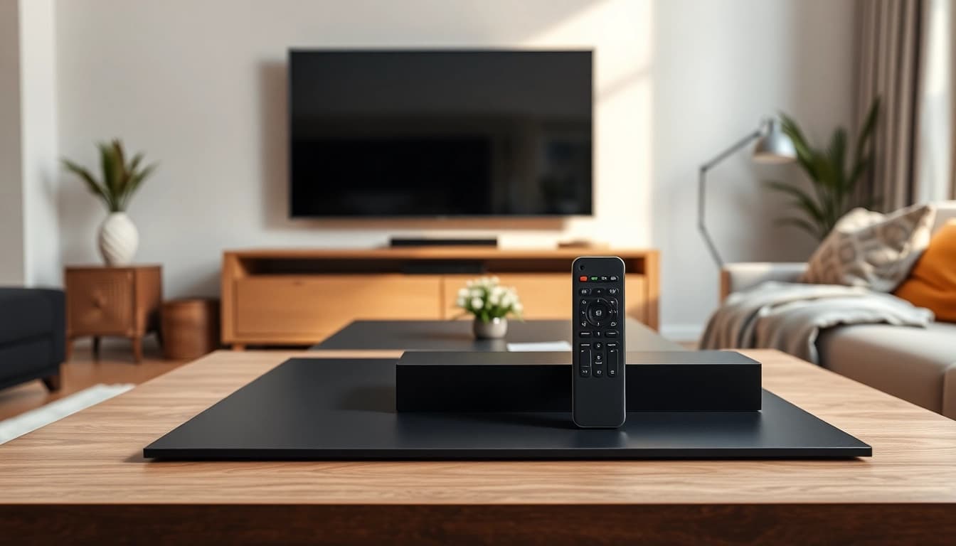 Samsung SolarCell remote replacement auf einem stilvollen Tisch in einer modernen Wohnlandschaft.