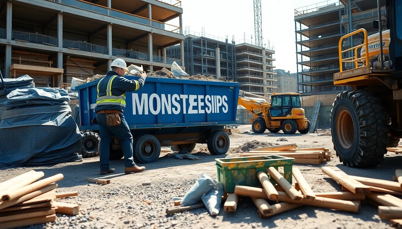 Contractor efficiently loading waste into a "Monster Skips" skip at a construction site.