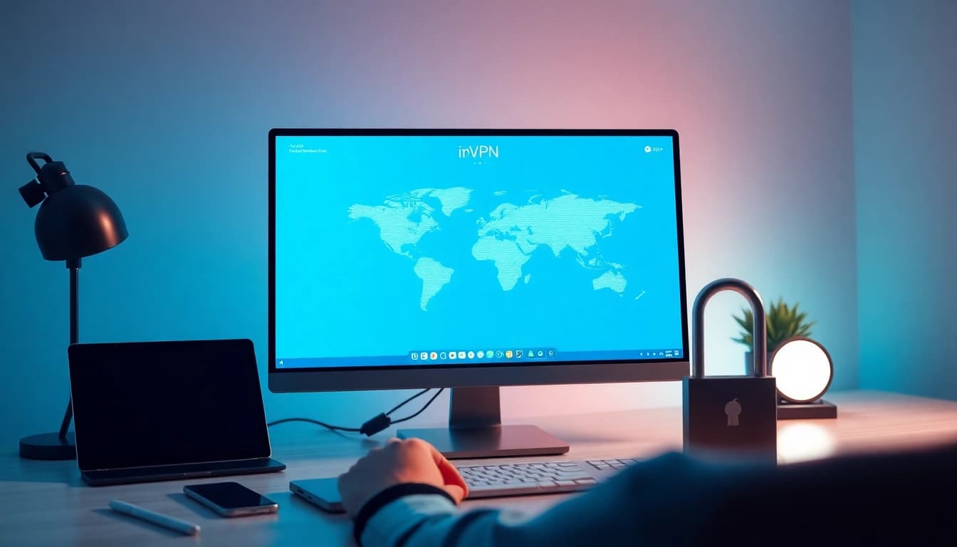 现代工作区电脑屏幕上的快连VPN界面，展示全球互联与用户互动。