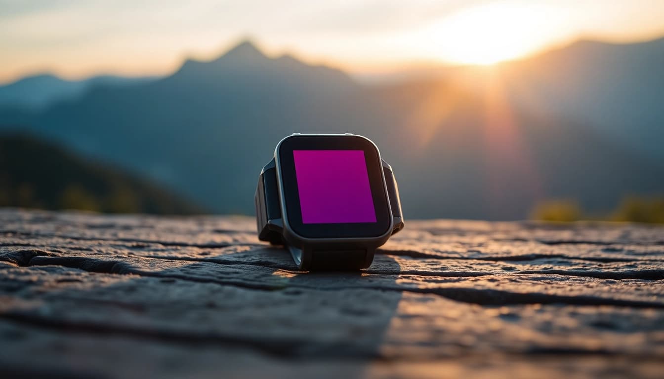 Showcasing the Ringconn fitness tracker on a natural surface, emphasizing its sleek design and vibrant display.