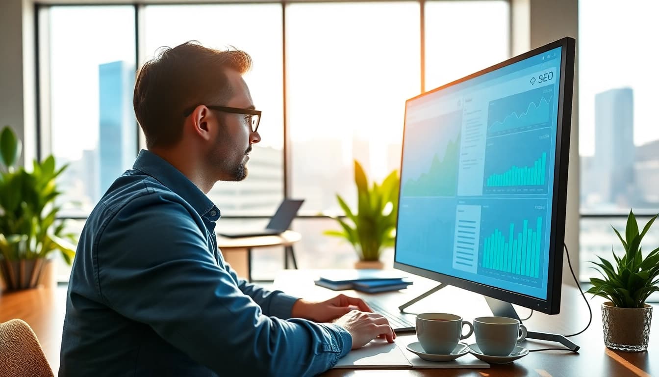 Analyze SEO strategies in a modern office environment with professional digital marketing elements.