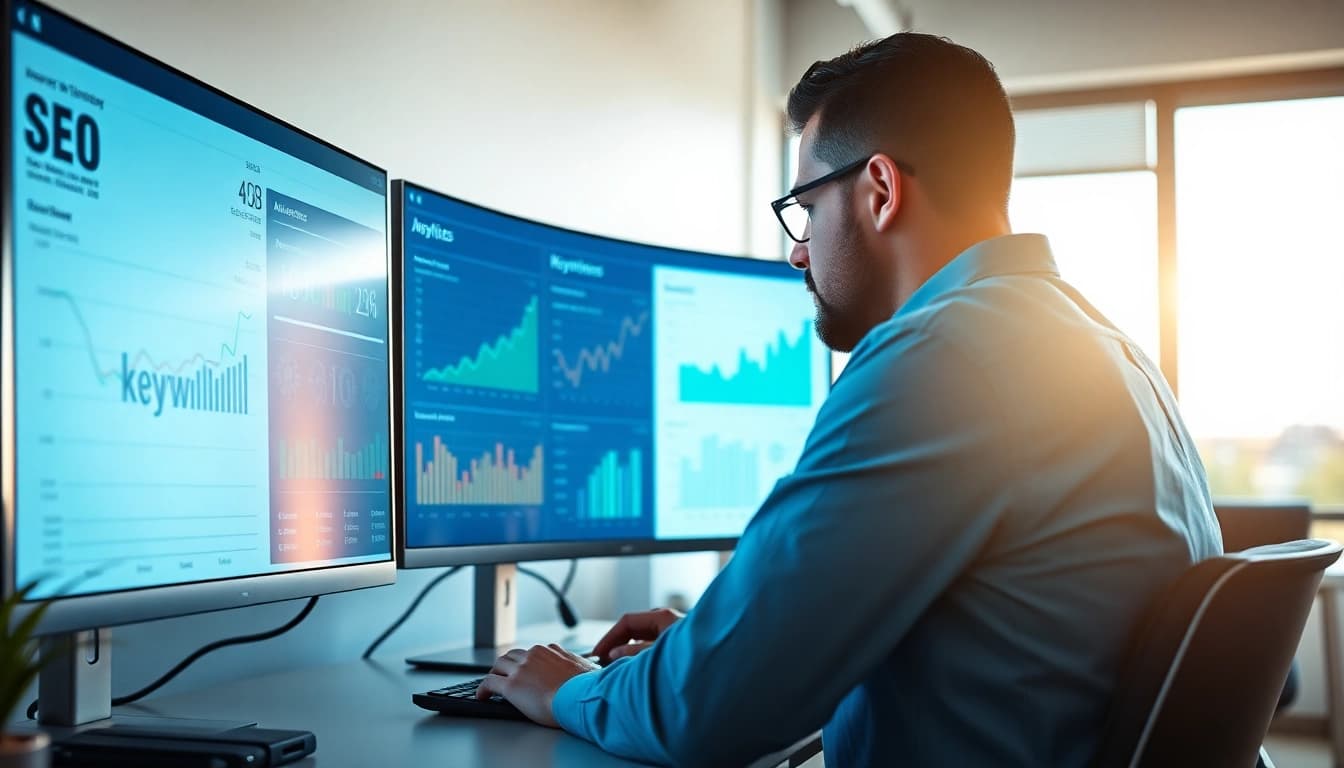 Improve your SEO strategy with a professional analyzing data in a bright office.