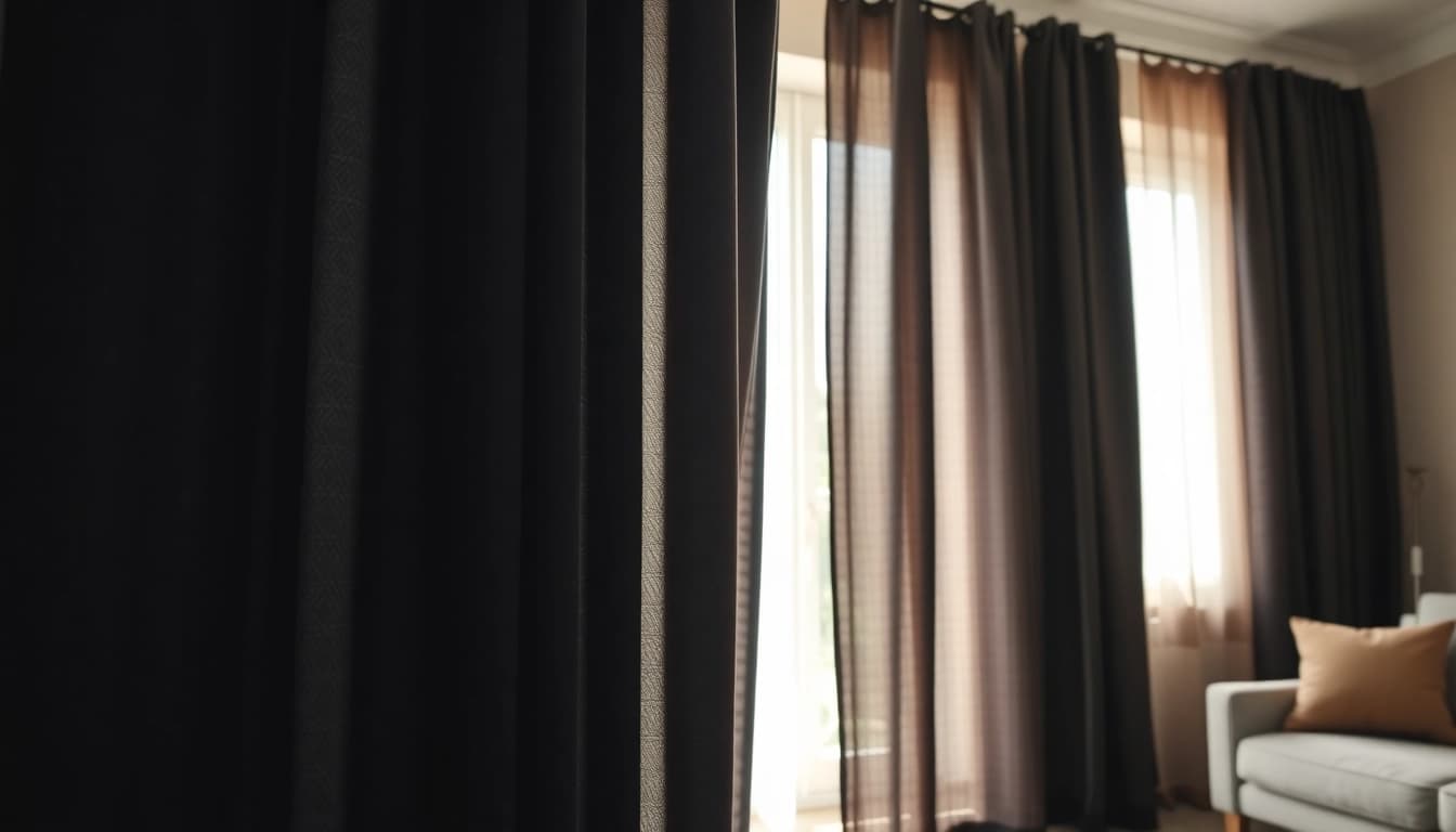 Verduisterende gordijnen in een sfeervolle woonkamer met natuurlijk licht erdoorheen.