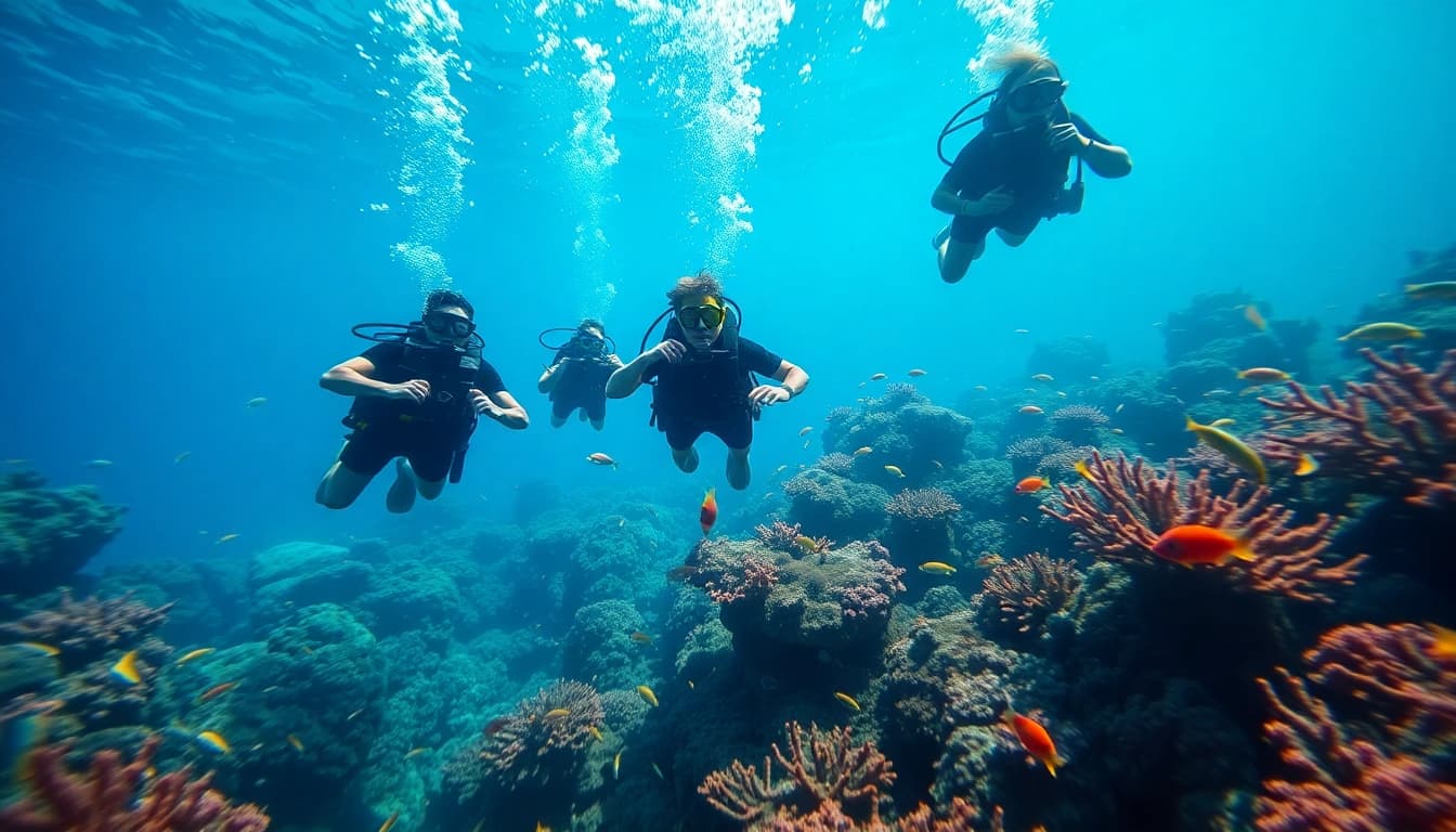 Scuba divers exploring vibrant coral reefs full of marine life at https://marvinscubaexpeditions.com.