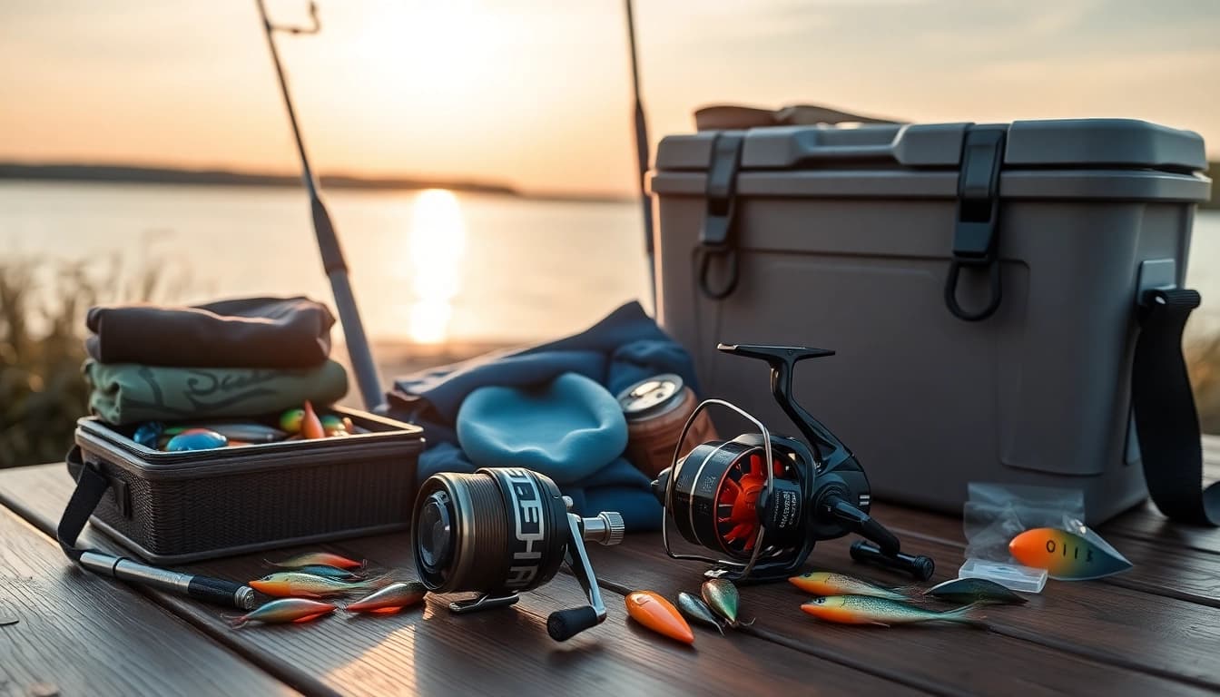 Showcasing a variety of fishing gifts on a table, including personalized tackle boxes and accessories.