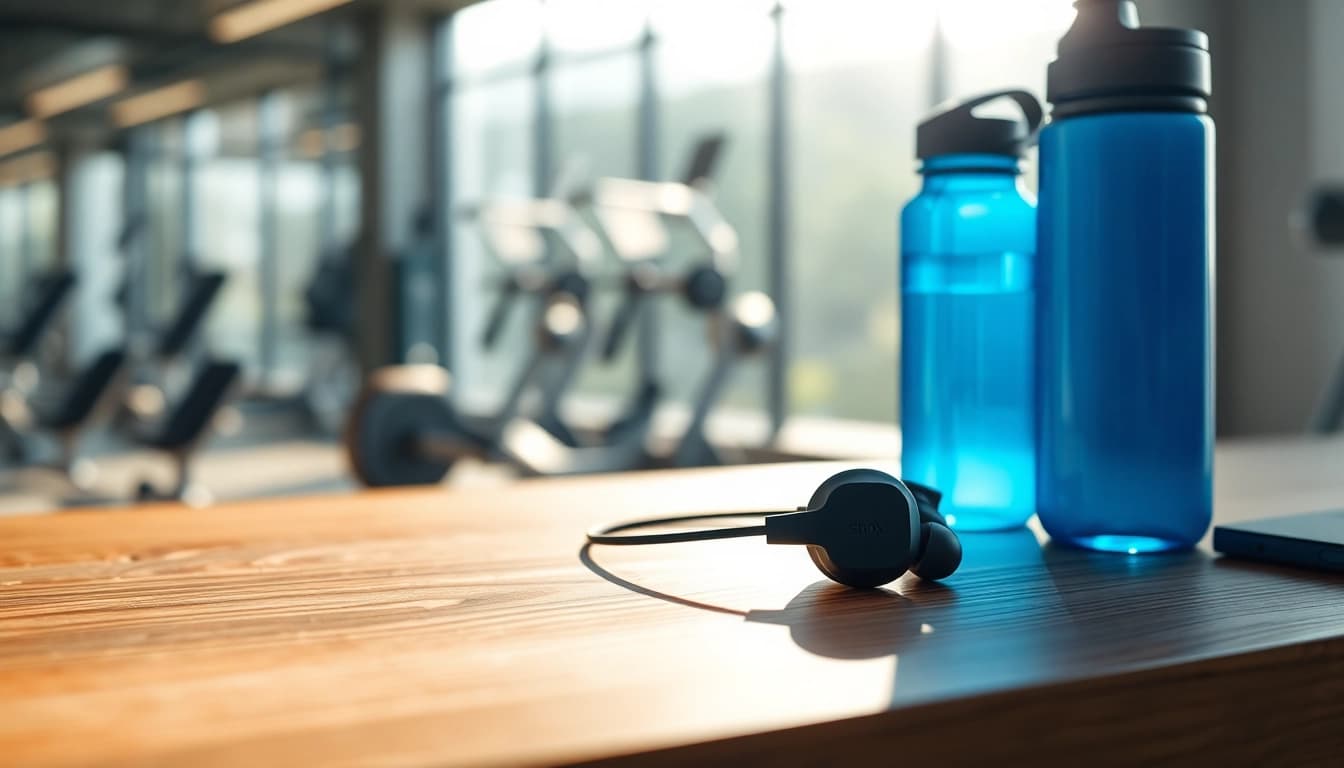 Shokz bone conduction headphones on a desk next to a water bottle, highlighting fitness.