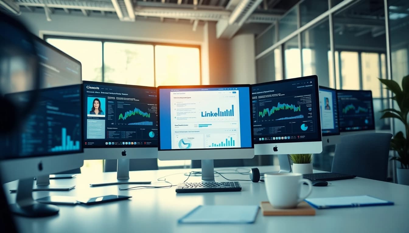 Utilize a linkedin email scraper tool displayed on a modern office dashboard showcasing data analytics.