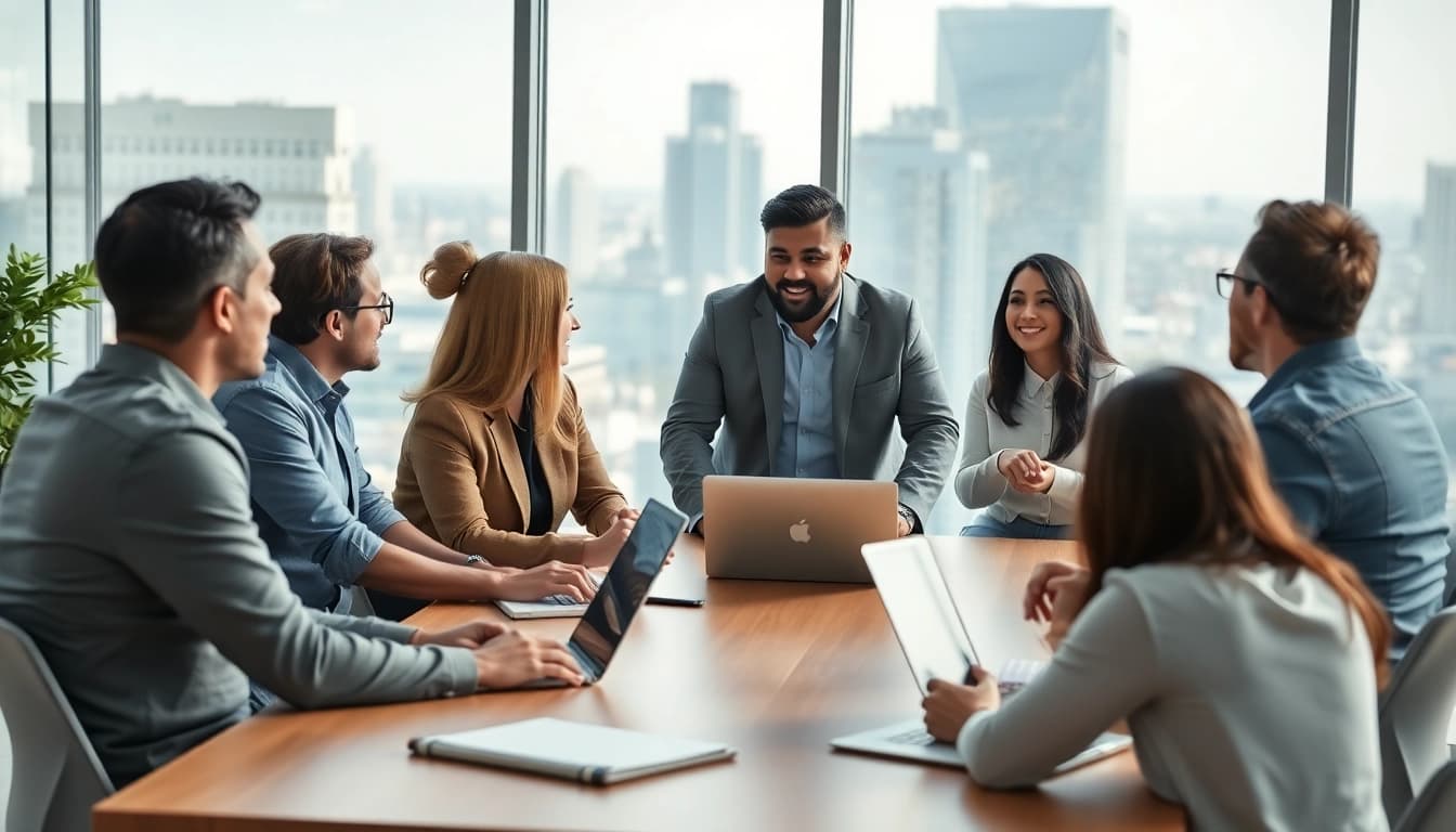 Business coach near me leading a collaborative team meeting in a bright modern office.