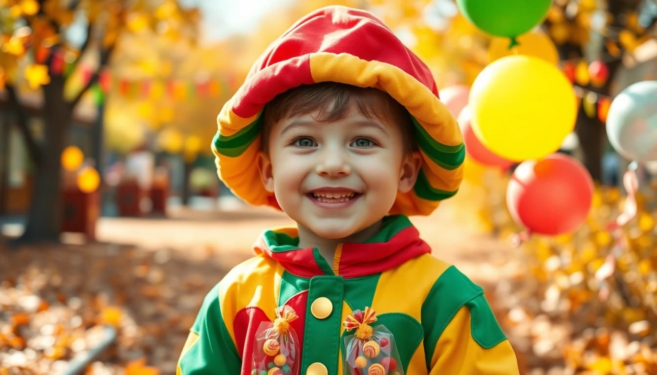 Pietenpak kostuum van een kind in een vrolijke omgeving vol kleuren.