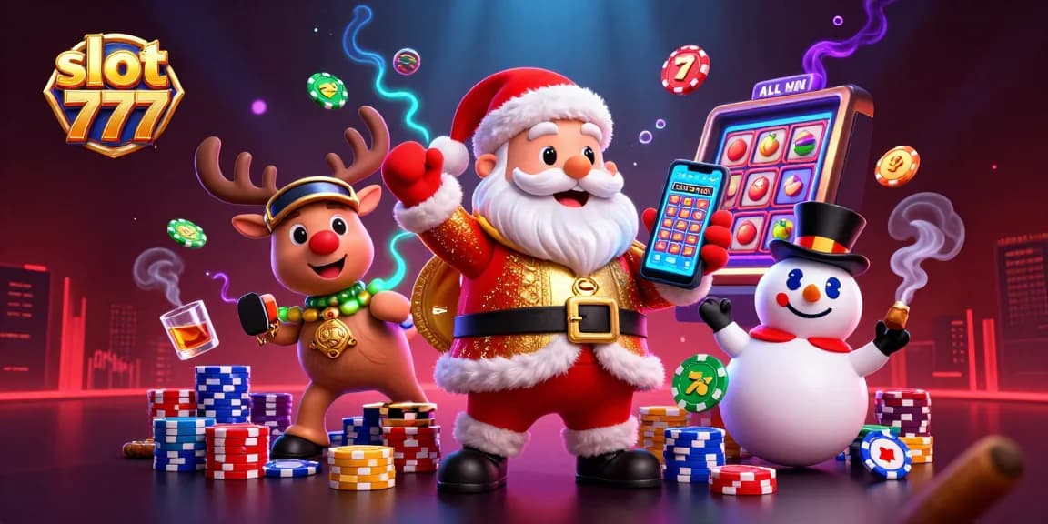 Menangkan slot 777 dengan ilustrasi kartun 3D Santa menang dan rekan-rekannya di kasino.